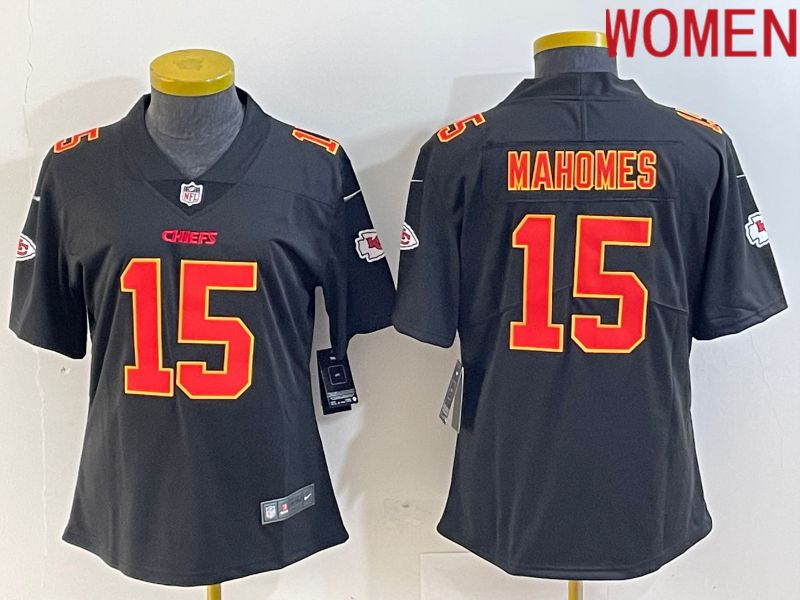 Women Kansas City Chiefs 15 Mahomes Black gold 2024 Nike Vapor Limited NFL Jersey style 1